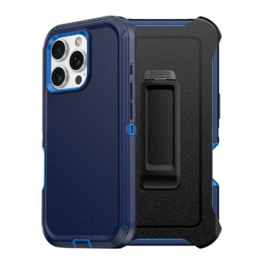 iPhone 16 Pro Rugged Armour Case Cover with 360° Rotation, Belt Clip, and Kickstand - Tough and Shockproof Protection Clip - Navy